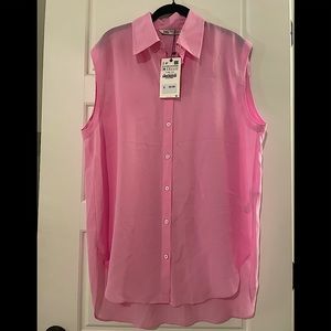 ZARA Pink Sheer Oversized Collared Button Down
